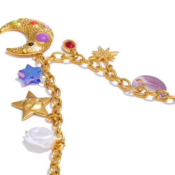 Moon Star Charms 18K Gold Stainless Steel Waterproof Necklace - Picture 11 of 12